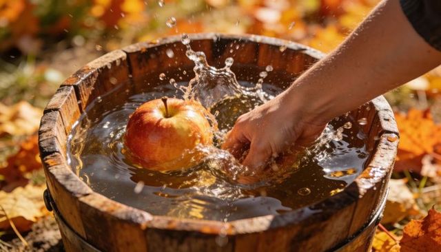 Hand reaching and splashing for red apple in wooden barrel during autumn harvest game