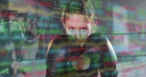 Female boxer training with data overlay showing focus and performance analytics