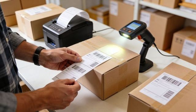 Worker applying shipping labels on cardboard boxes at packing station with barcode scanner