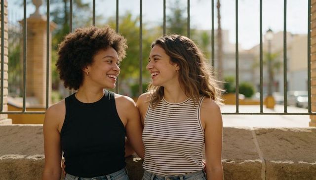 Sunlit friends laughing together on stone wall by metal railing in urban plaza
