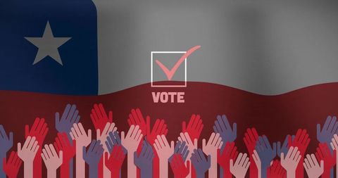 Raising hands voting crowd with pink checkmark over flag graphic for civic participation