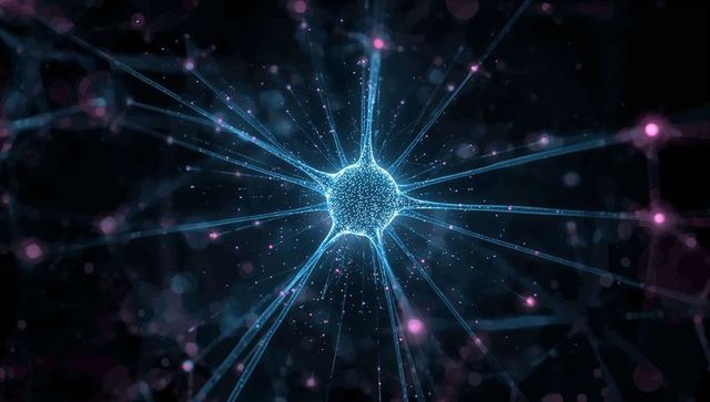 Glowing neural soma emitting cyan light with magenta synaptic filaments and digital sparks