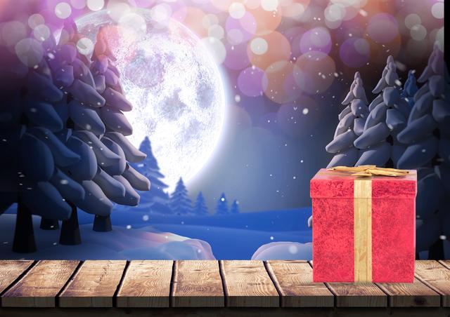 Digital composition of gift box on wooden plank against snowy background