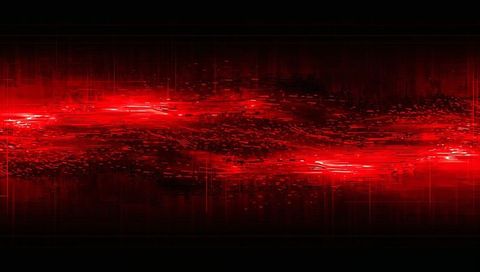 Pulsing red digital wave scanning across dark void with neon glitch trails and scan lines