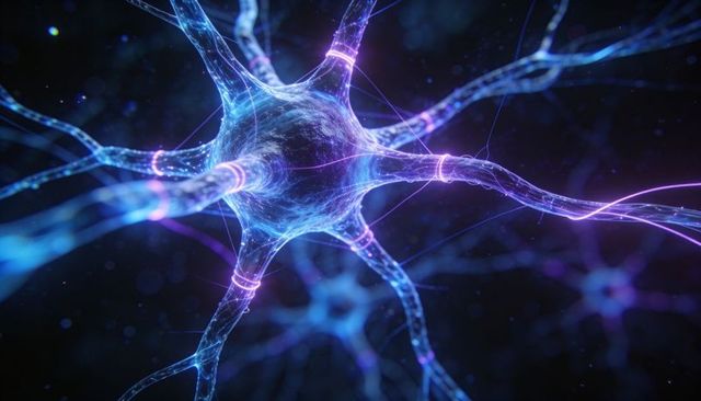 Glowing Neuron Network Transmitting Blue-Magenta Signals 3D Neural Visualization