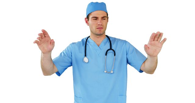 Male Doctor in Blue Scrubs with Stethoscope Standing on White Background - Download Free Stock Images Pikwizard.com