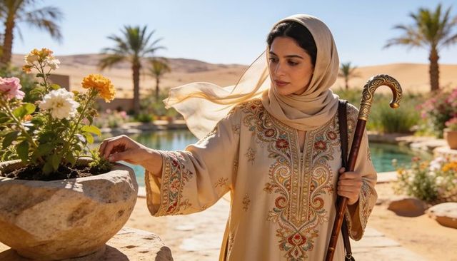 Middle eastern woman tending flowers by desert oasis in embroidered robe holding ornate staff