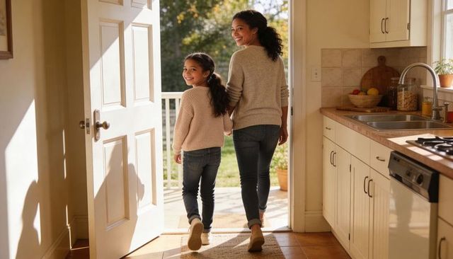 Mother and daughter walking through sunlit kitchen doorway to deck holding hands and smiling