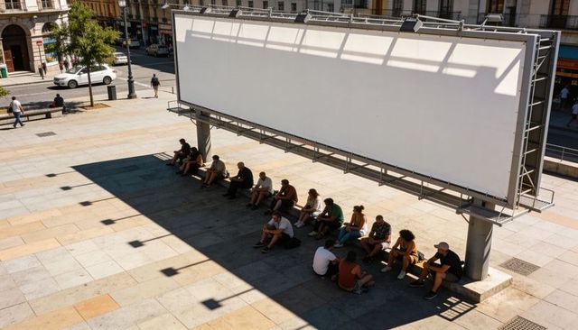 Urban group sitting under blank billboard finding shade during sunny summer day in plaza