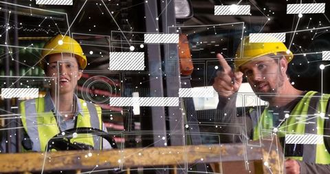 Warehouse Team Examining Digital Interface with Augmented Reality