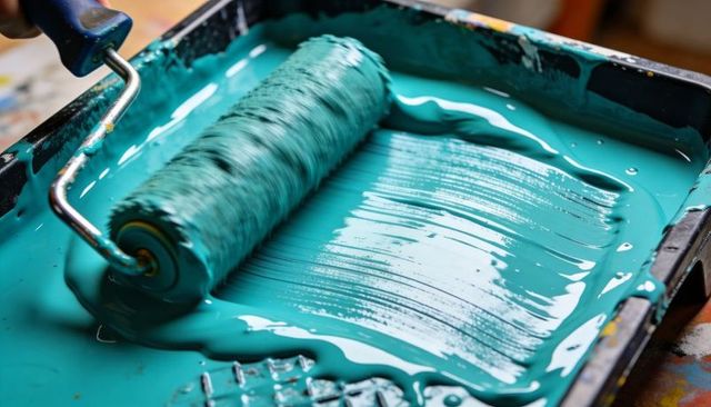 Teal Paint Roller Rolling Glossy Turquoise Paint in Tray Closeup Texture Drips