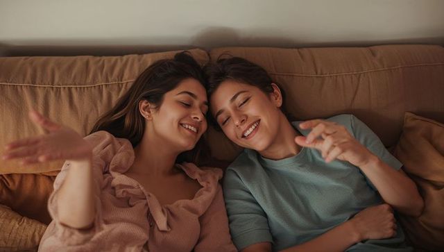 Two women relaxing on cozy sofa sharing laughs and warm affection at home