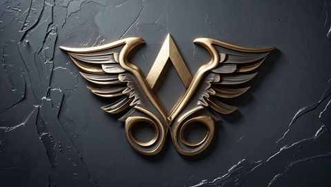 Vintage gold winged emblem on cracked gray wall