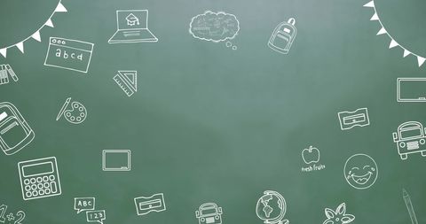 Chalkboard background with school supplies doodles and hanging bunting