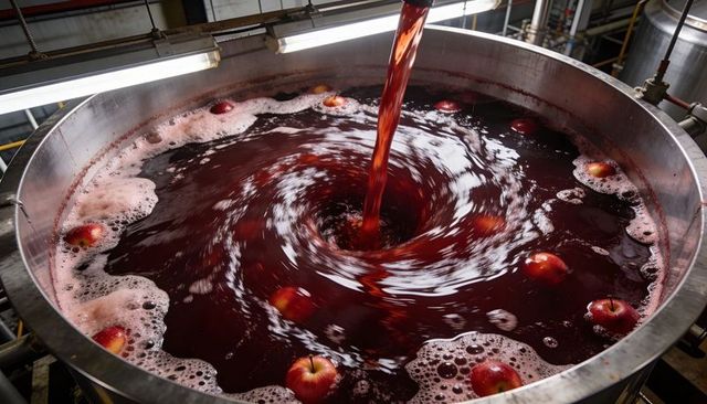 Industrial cider vat pouring ruby-red juice creating whirlpool with floating apples in stainless tan