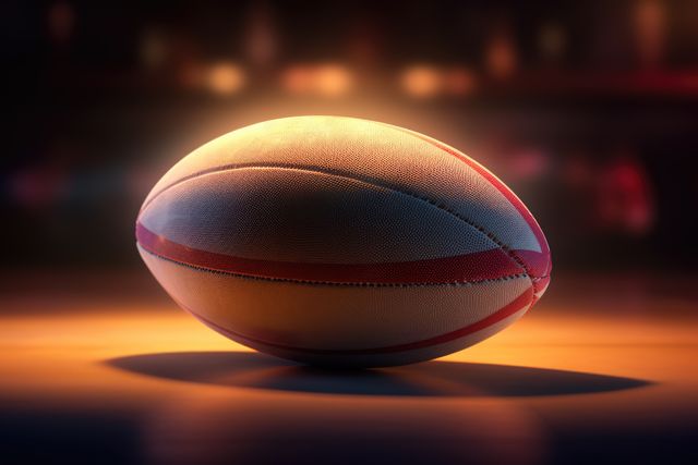 Close-up of rugby ball in dramatic lighting, highlighting its textures and details against a dark background. Ideal for use in sports promotion, game advertisements, thematic decorations, or articles about rugby. Captures the essence of competitive sports and is great for emphasizing the excitement and intensity of rugby.