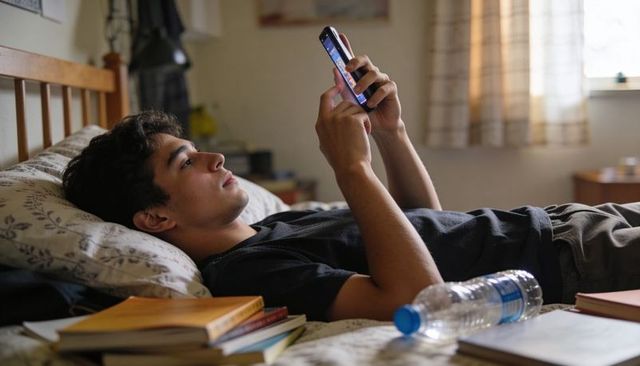 Male student lying on bed holding smartphone, scrolling, surrounded by books and water