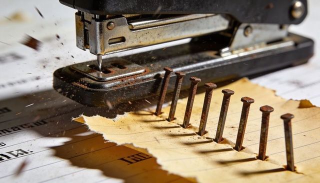 Pressing rusty stapler fastening torn lined paper with row of rusty nails casting shadows
