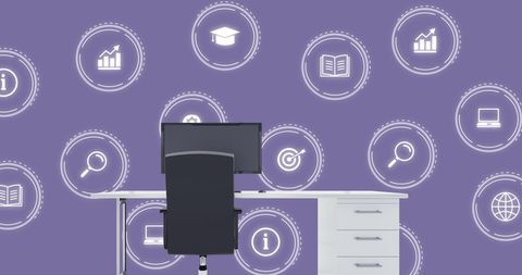 Modern Office Desk with Floating Business and Education Icons - Download Free Stock Images Pikwizard.com
