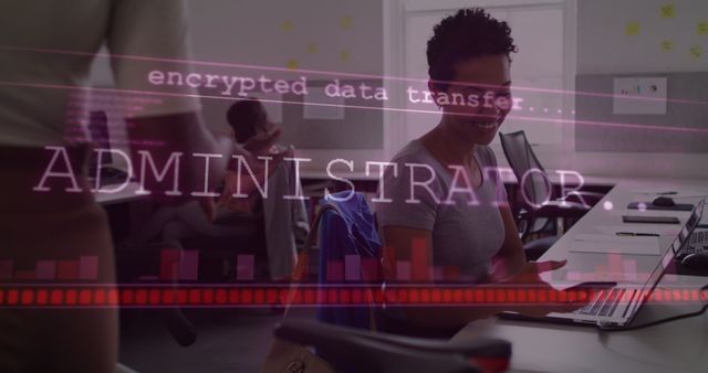 Administrator sees encrypted data transfer on computer screen in modern office. Ideal for materials focusing on cybersecurity, IT management, data protection, digital workplaces, network security, technology advertisements.