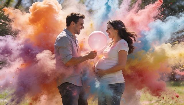 Expectant couple celebrating gender reveal with pink balloon and colorful powder explosion