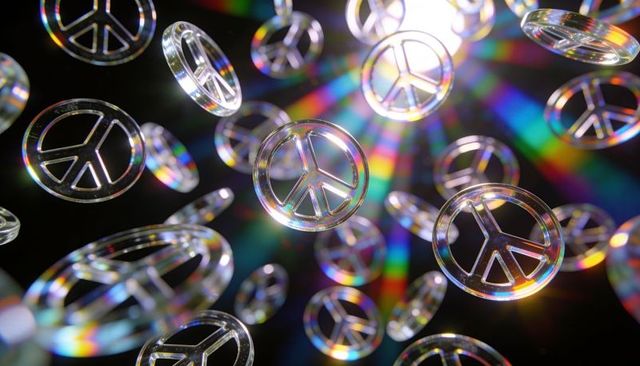 Floating glass peace symbols creating prismatic rainbow light and reflective bokeh