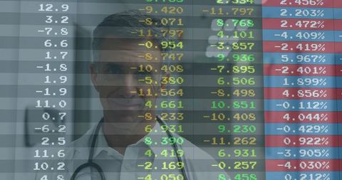 Doctor Reviewing Financial Data Overlay, Healthcare Professional Examining Market Analytics
