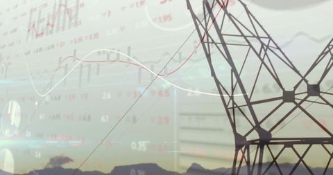 Silhouette of power transmission tower with financial data overlay