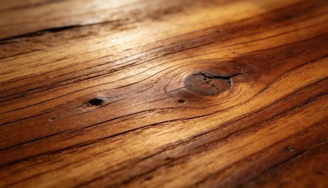 Polished reclaimed wood plank revealing diagonal grain, knot, crack and natural sheen