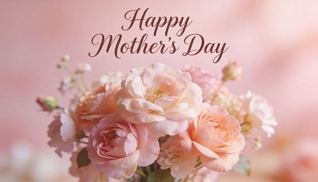 Peach rose bouquet with dewy petals and bokeh, happy mother's day greeting card design
