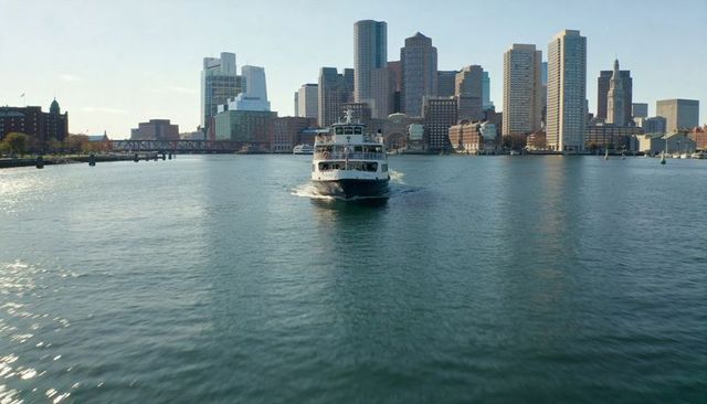 Ferry approaching urban harbor cutting wake toward viewer with city skyline