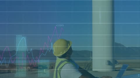 Engineer Analyzing Wind Turbine with Financial Data Overlay