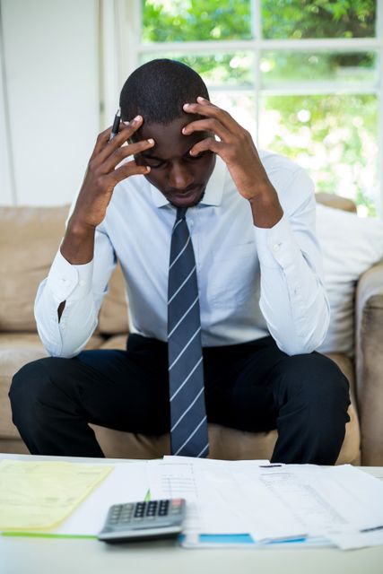 Man in business attire sitting on sofa, holding head in hands, surrounded by bills and calculator. Ideal for illustrating financial stress, personal finance management, debt issues, and budgeting challenges.