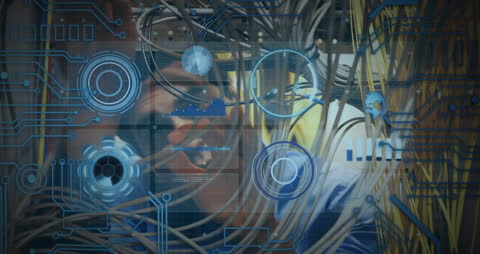 Technician Analyzing Network Wired System with Futuristic Interface