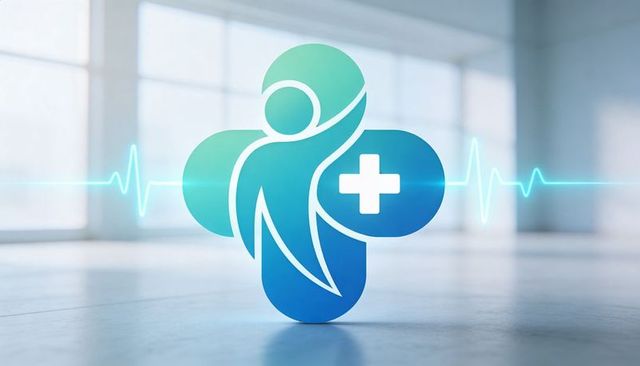 Futuristic medical cross logo with stylized human figure, health cross and ecg waveform