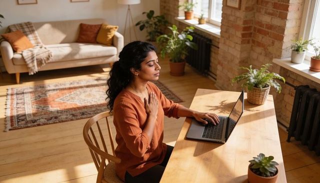 Midday mindfulness at home: woman practicing deep breathing while working at sunlit desk