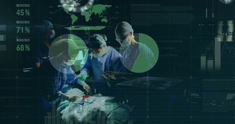 Surgical team performing complex operation with data overlays, global analytics, remote collaboratio