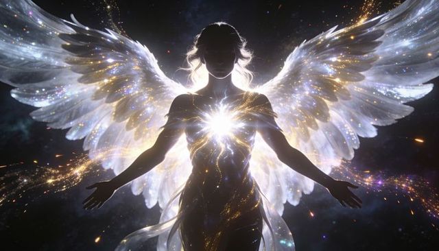 Celestial angel radiating heart light, spreading majestic feathered wings in cosmic gown