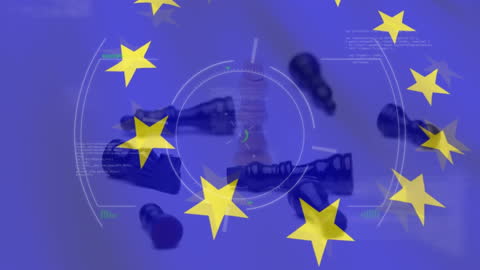 Digital Data Analysis Overlaid on European Union Flag