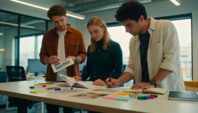 Creative team reviewing printed layouts and moodboard in modern office workspace