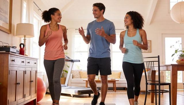 Friends jogging on step platforms doing home cardio workout in sunlit living room