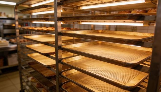 Empty perforated baking trays cooling on stainless steel rack in commercial bakery