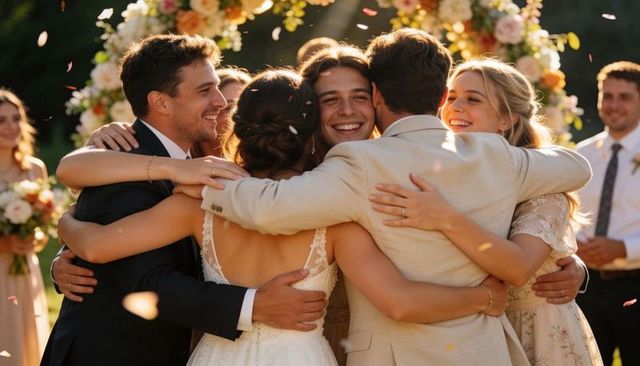Golden-hour wedding embrace: bridal party hugging under floral arch with falling petals