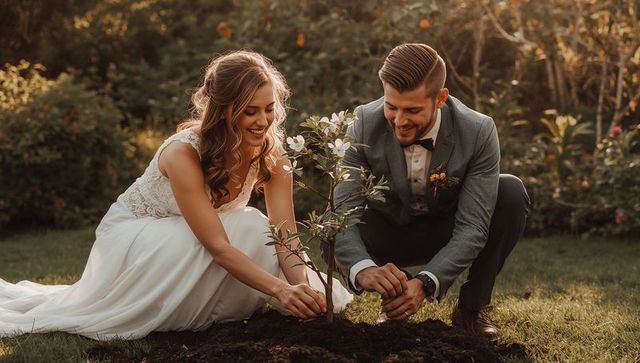 Bride and Groom Planting Tree in Sunlit Garden
