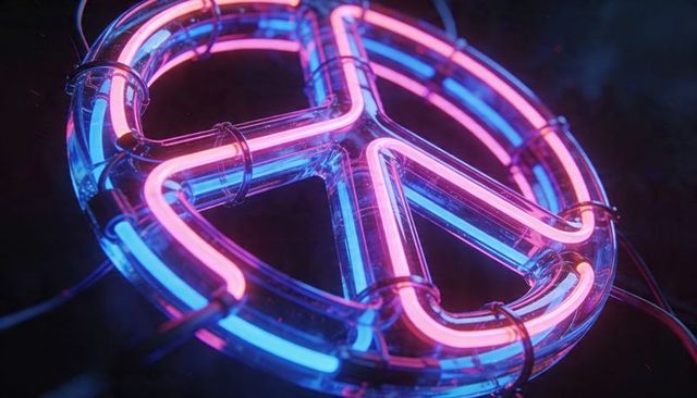 Glowing neon peace symbol pulsing magenta and cyan with glass tubing closeup