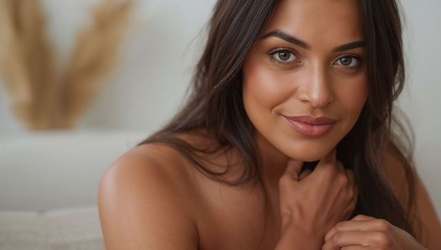 Warm intimate headshot of bare-shouldered brunette woman with soft lighting and pampas grass