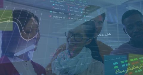 Diverse Team Analyzing Digital Stock Market Data for Business Strategy