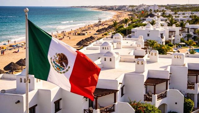 Waving mexican flag over sunlit beachfront resort with white villas, palms and sandy coast