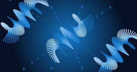 Spiraling blue helical data ribbons rotating across digital grid with glowing numerals