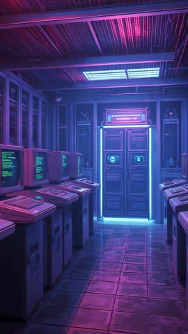 Booting servers in neon-retro data corridor, flashing panels and vintage terminals vertical video